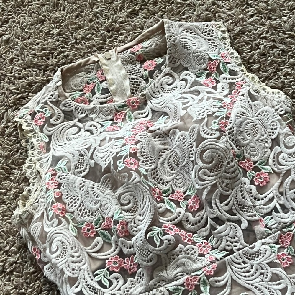 City Triangles Floral Lace Embroidered Sheath Dress White Pink Green Size 6